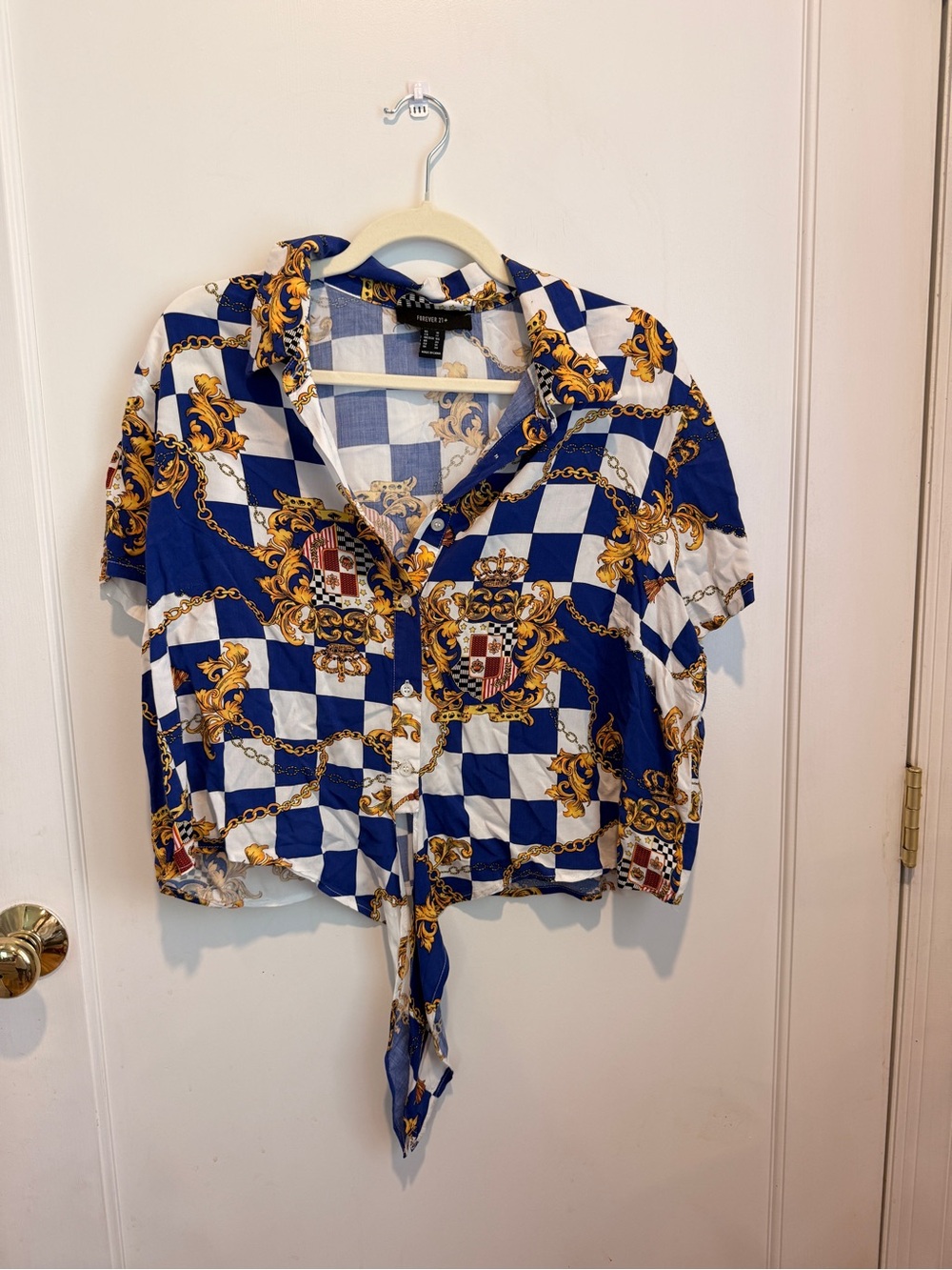 Forever 21 Blue, White & Gold Chain Crest Tie-Front Button Shirt